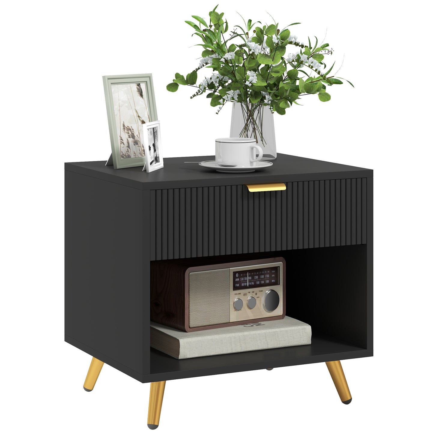 End Table with Drawer and Open Compartment for Bedroom