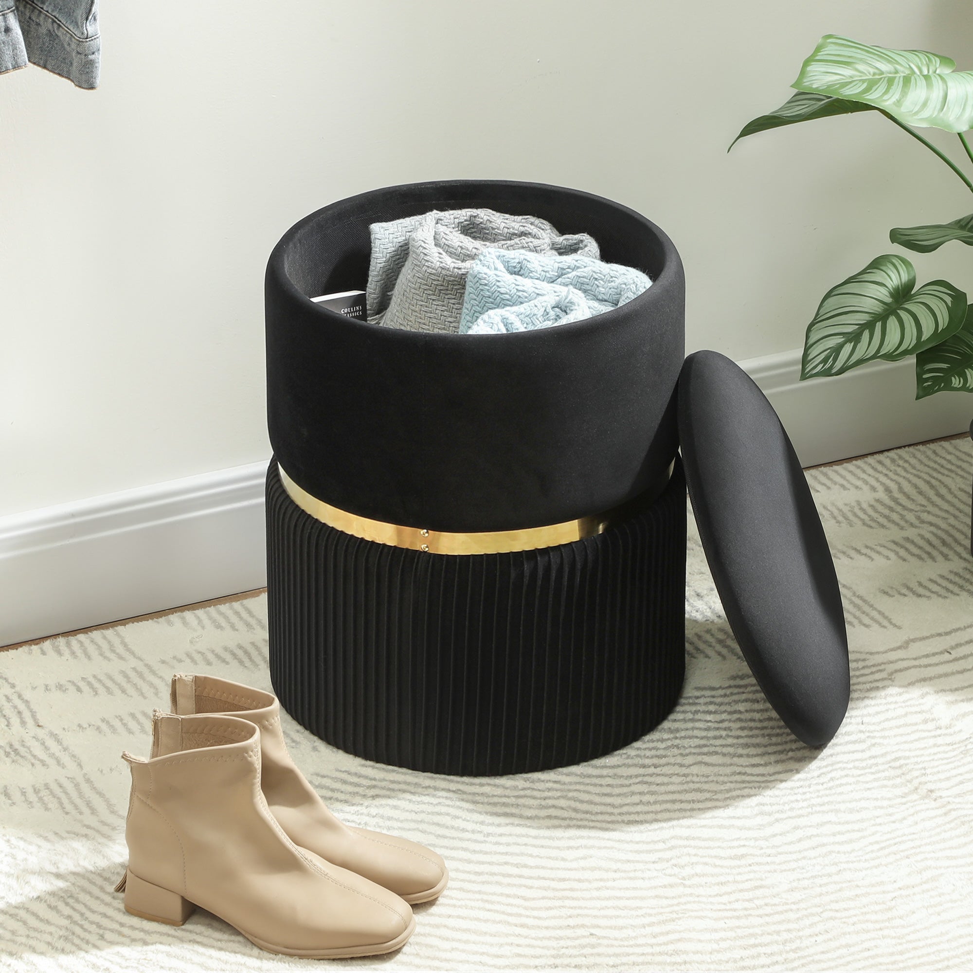 Round Storage Foot Stool, Velvet-Feel Fabric Upholstered Pouffe