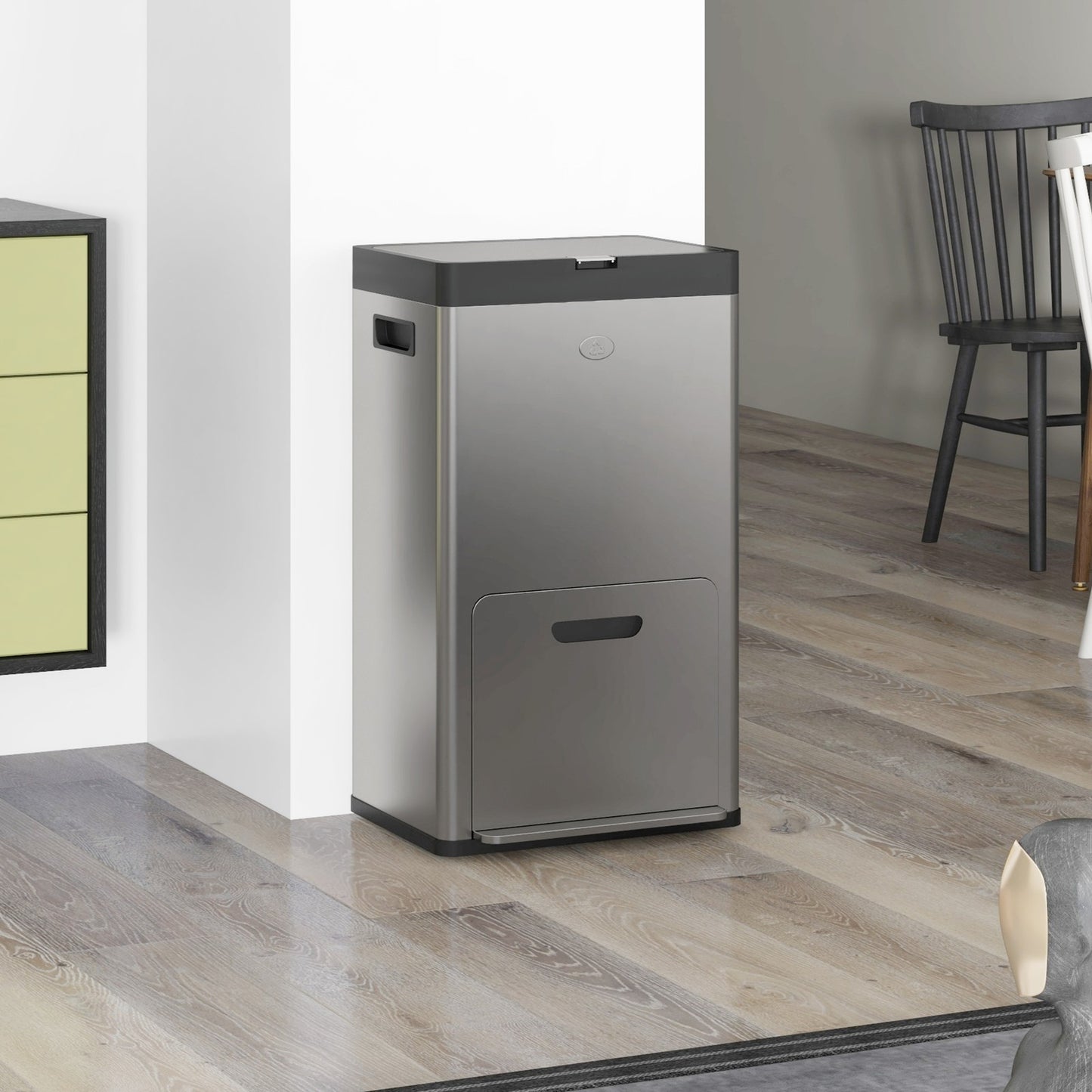 3 Compartment Kitchen Bin, Stainless Steel Pedal Bin for Recycling and Waste
