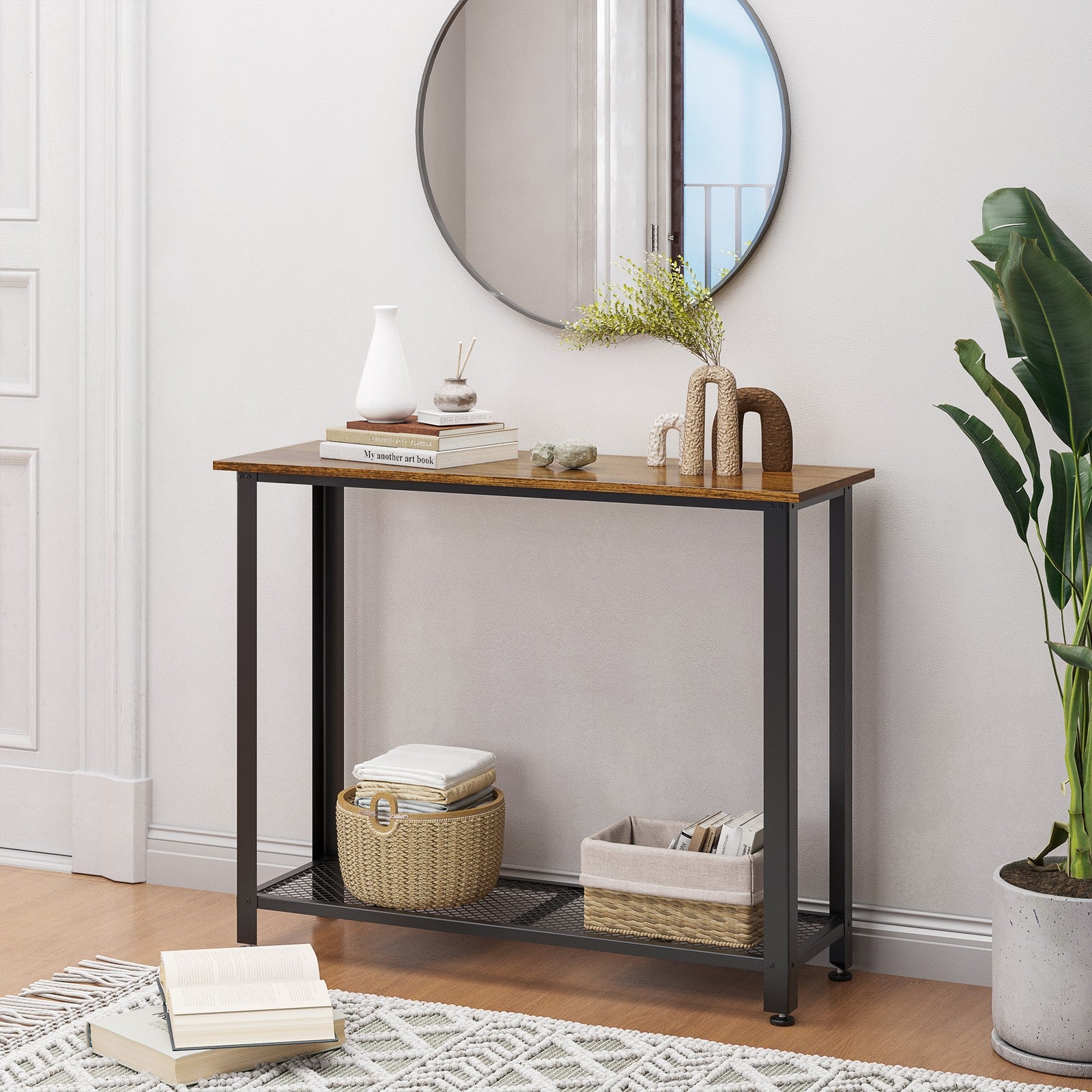 2-Tier Console Table Side/End Table W/ Mesh Shelf Entryway Hallway Furniture