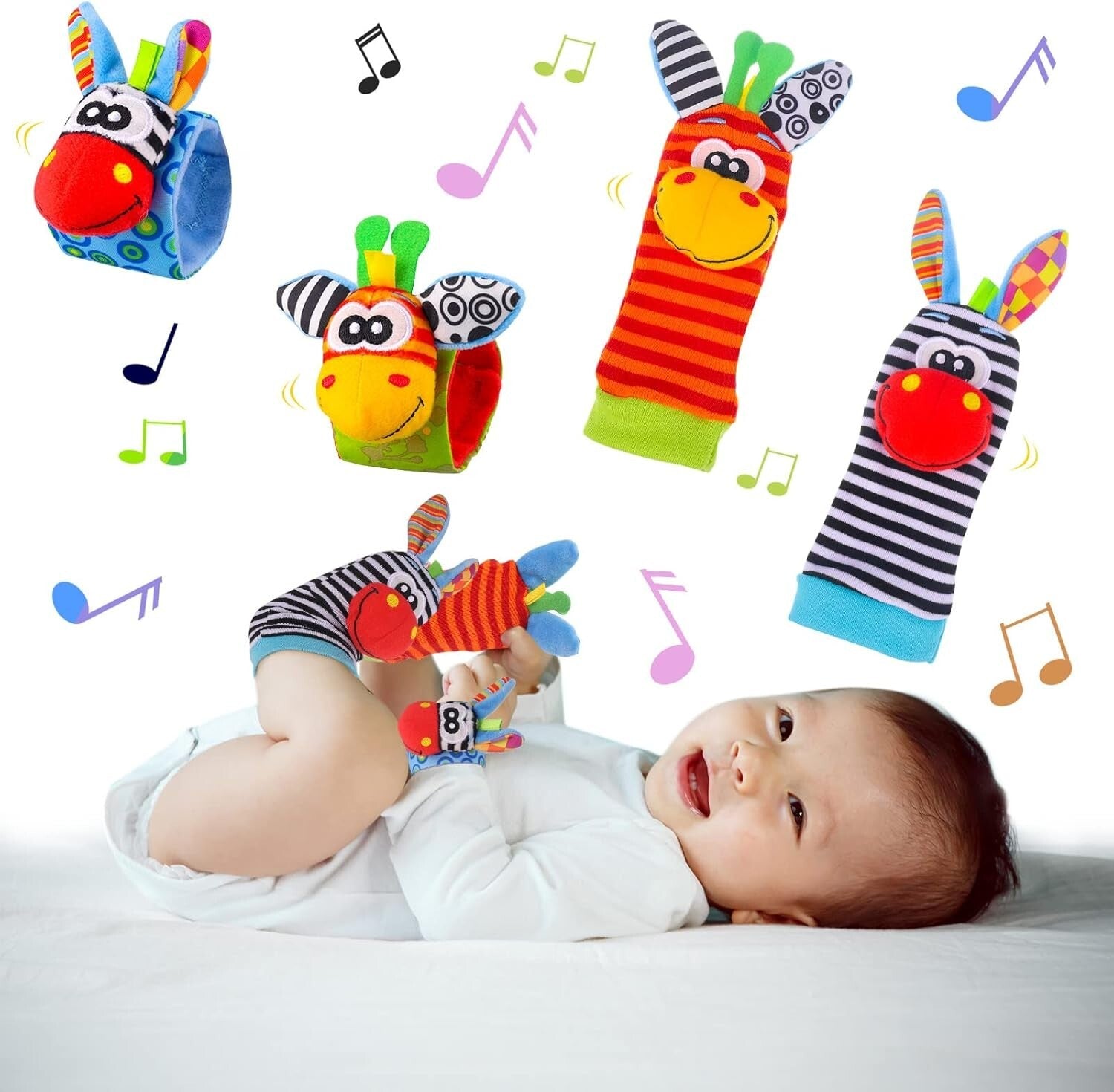 4 Pcs Baby Wrist Rattles Socks Toys, Newborn Wristband Rattles & Foot Finder