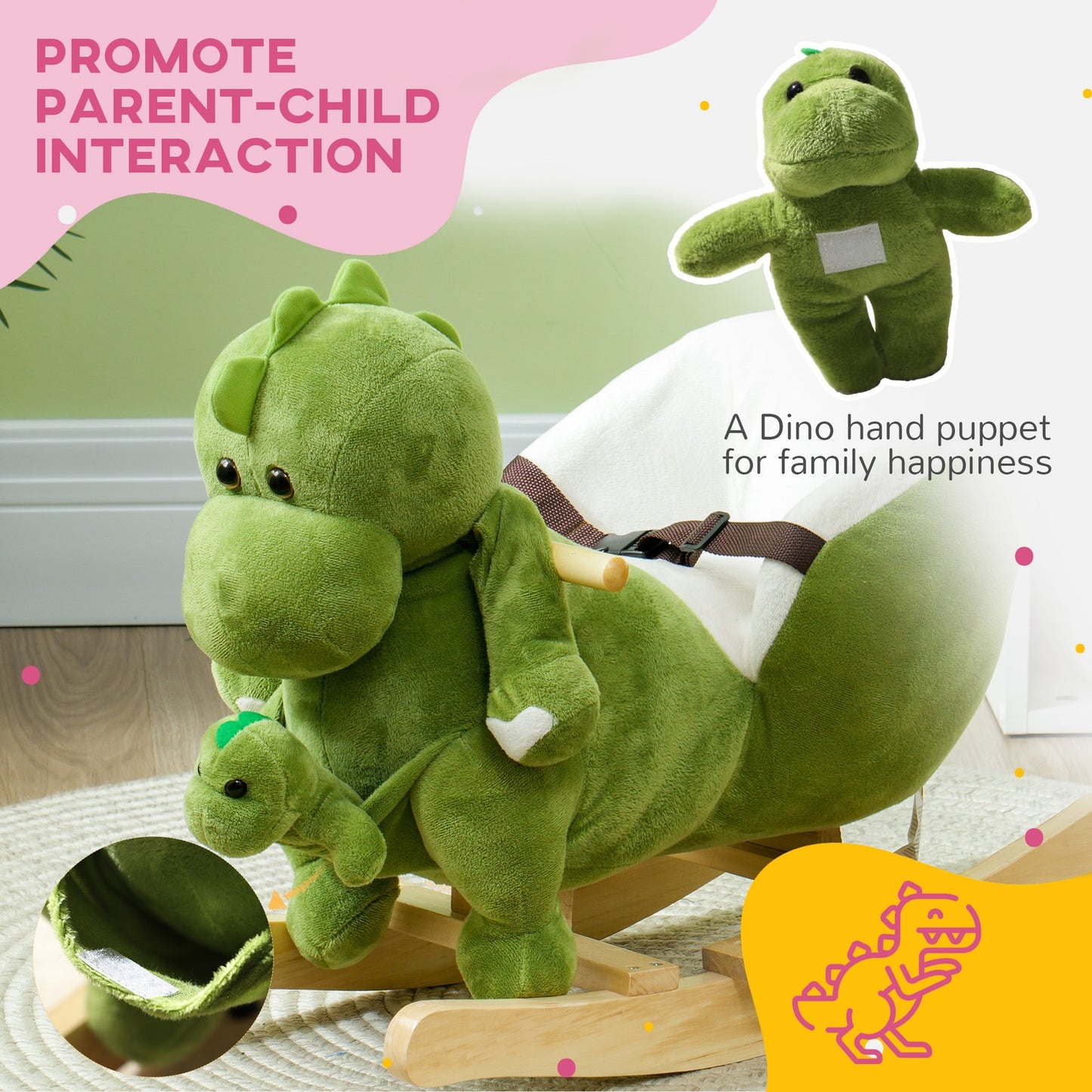 AIYAPLAY Baby Rocking Horse W/ Safety Belt, 32 Songs, Wood Base, Hand Puppet