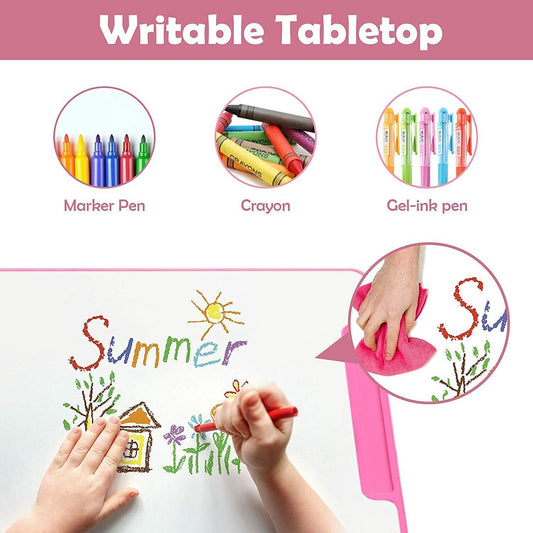 Kids Desk and Chair Set Adjustable Student Study Table W/Drawable Tabletop &Lamp