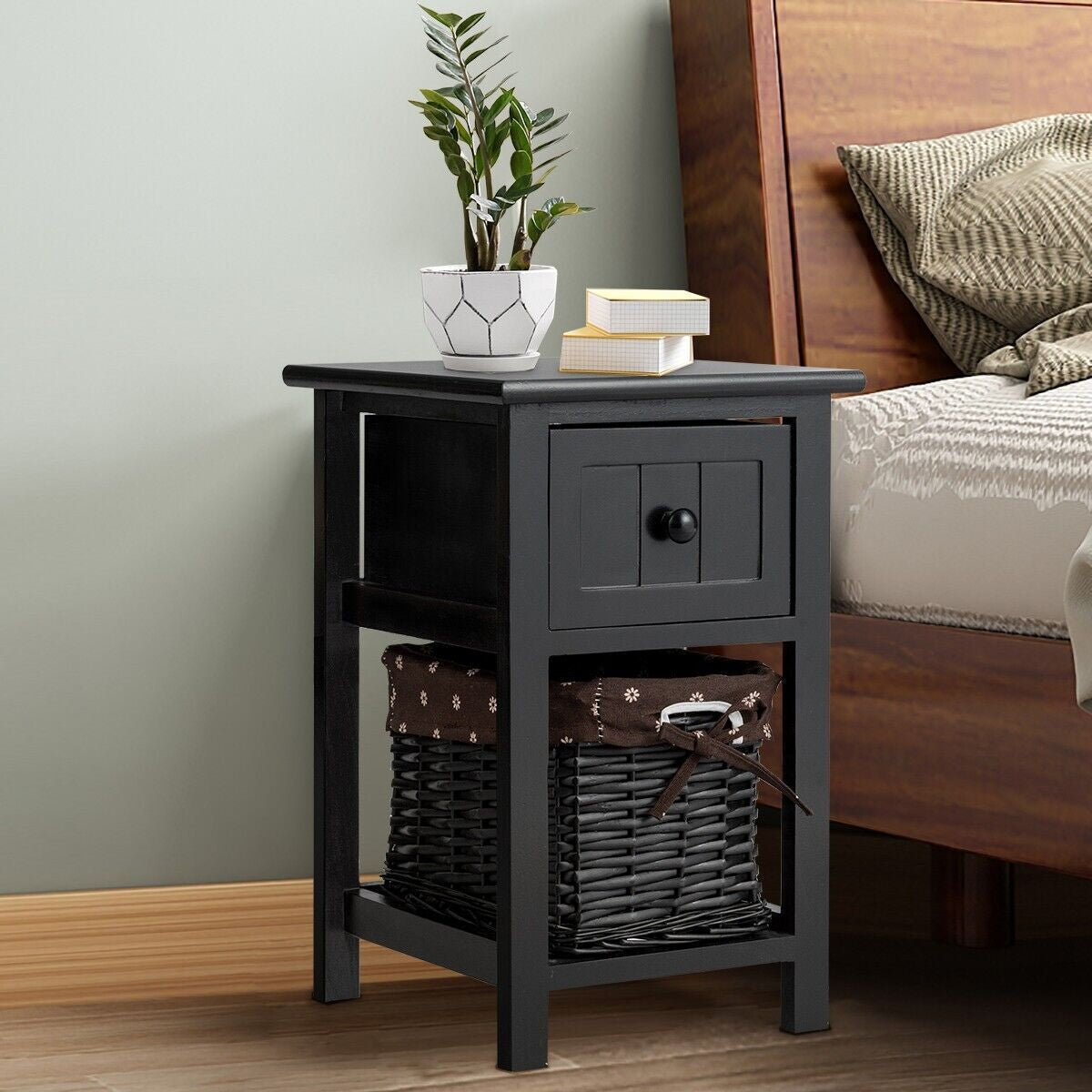 Set of 2 Nightstands with Removable Baskets and Drawers