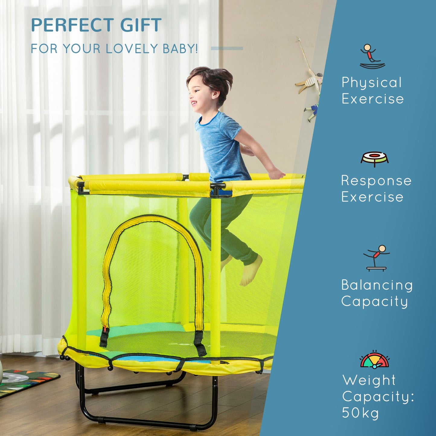 4.6 FT Kids Trampoline with Security Enclosure Net Bungee Gym, Yellow