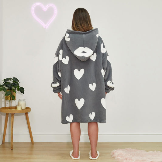 Dreamscene Heart Print Hoodie Blanket Oversized Adult Fleece Sherpa Throw Jumper