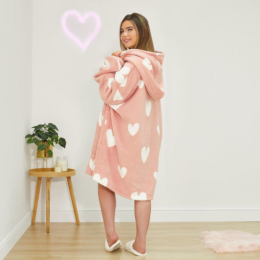 Dreamscene Heart Print Hoodie Blanket Oversized Adult Fleece Sherpa Throw Jumper