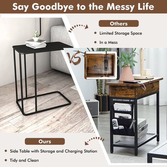 2-Tier Side Table End Table W/Usb Ports & Flip Top Narrow Nightstand for Bedroom