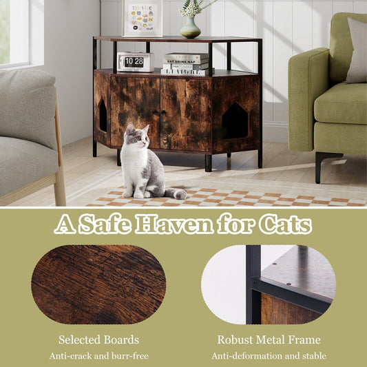 COSTWAY Corner Cat Litter Box Enclosure Cat House Cabinet with Open Shelf