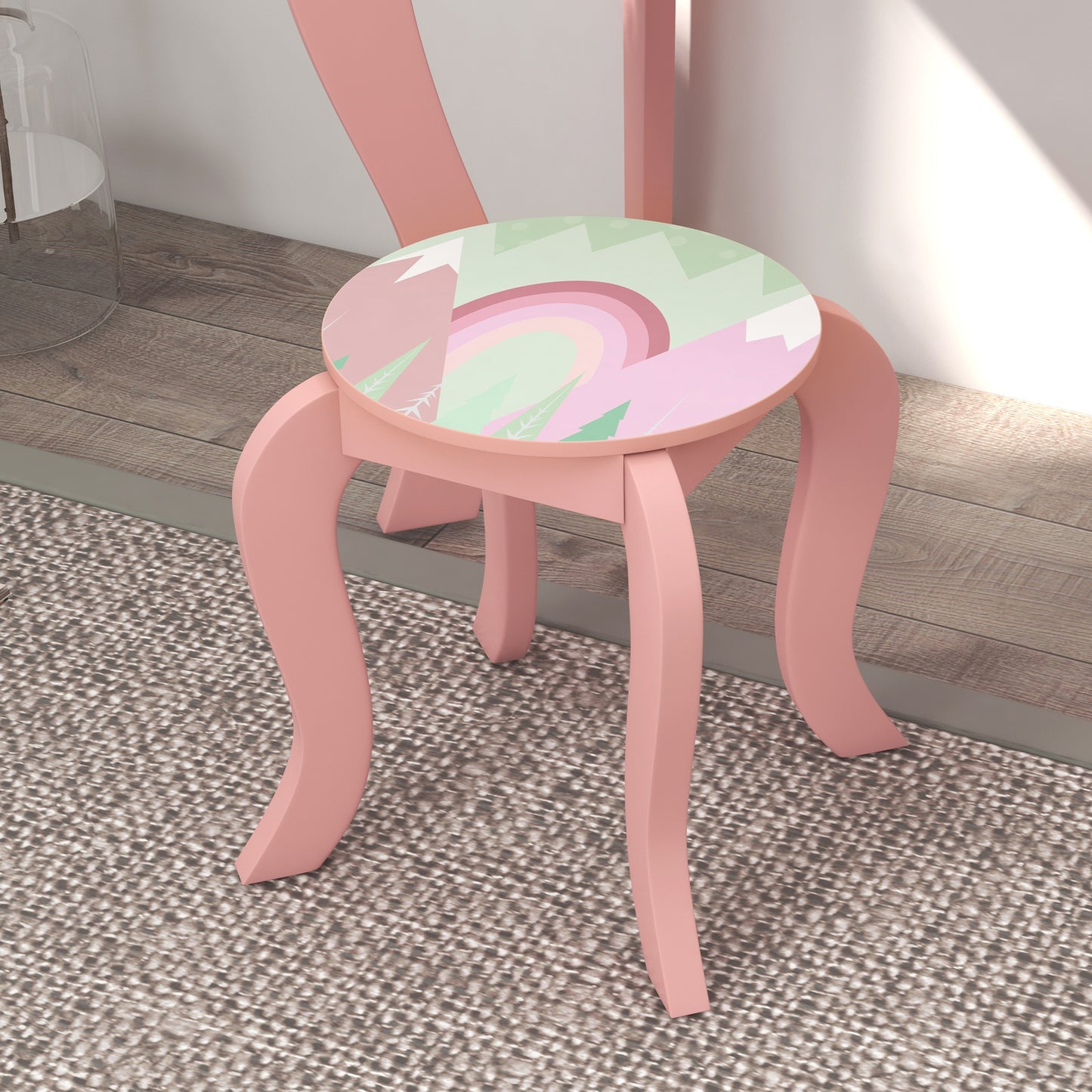 Cute Animal Design Toddler Bed Frame, Kids Dressing Table Set, Pink