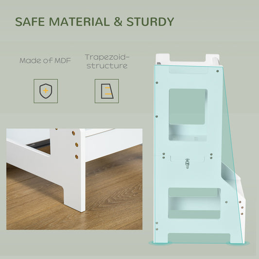 2-In-1 Kids Kitchen Step Stool Table Chair Set W/ Safety Rail Chalkboard, White