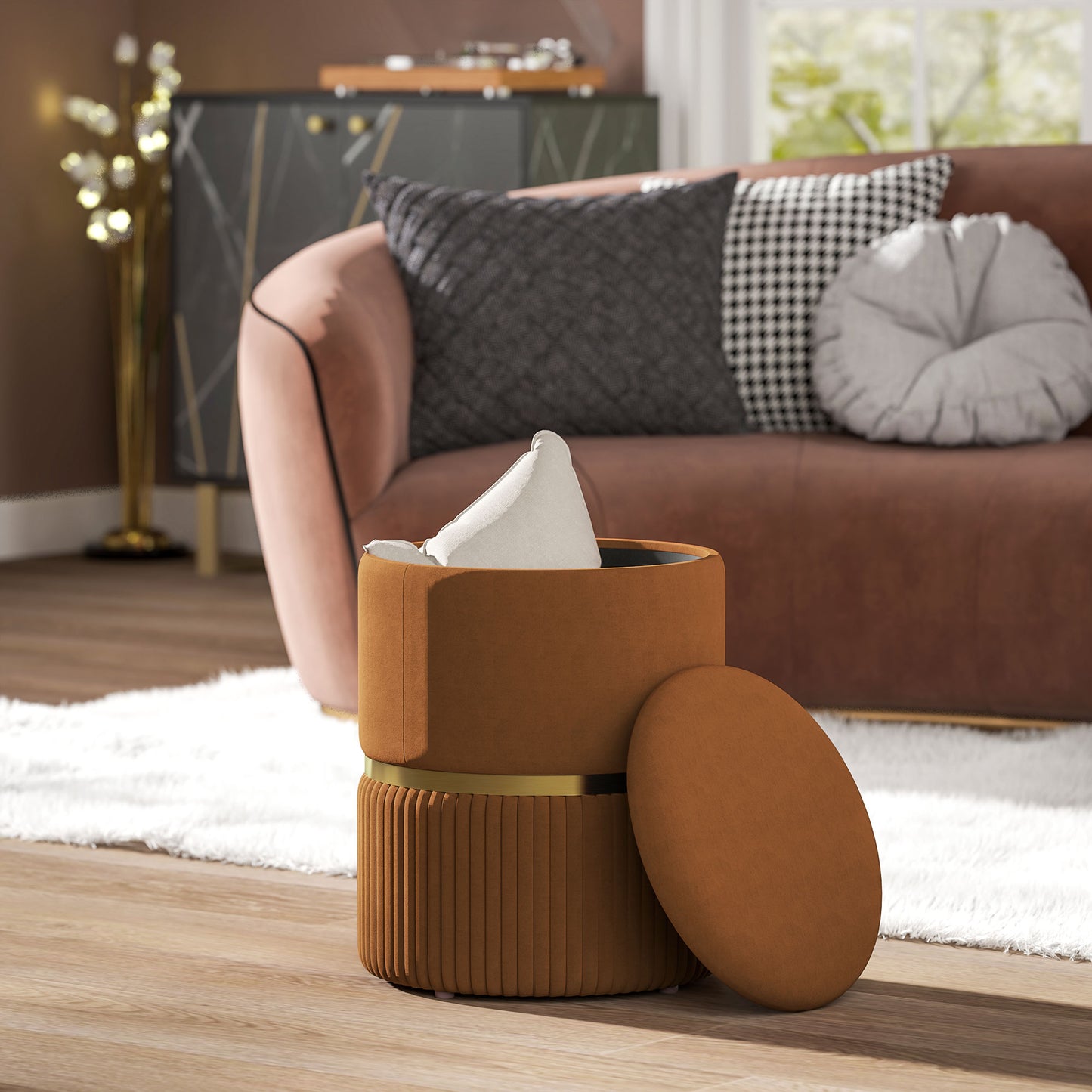 Round Storage Foot Stool, Velvet-Feel Fabric Upholstered Pouffe