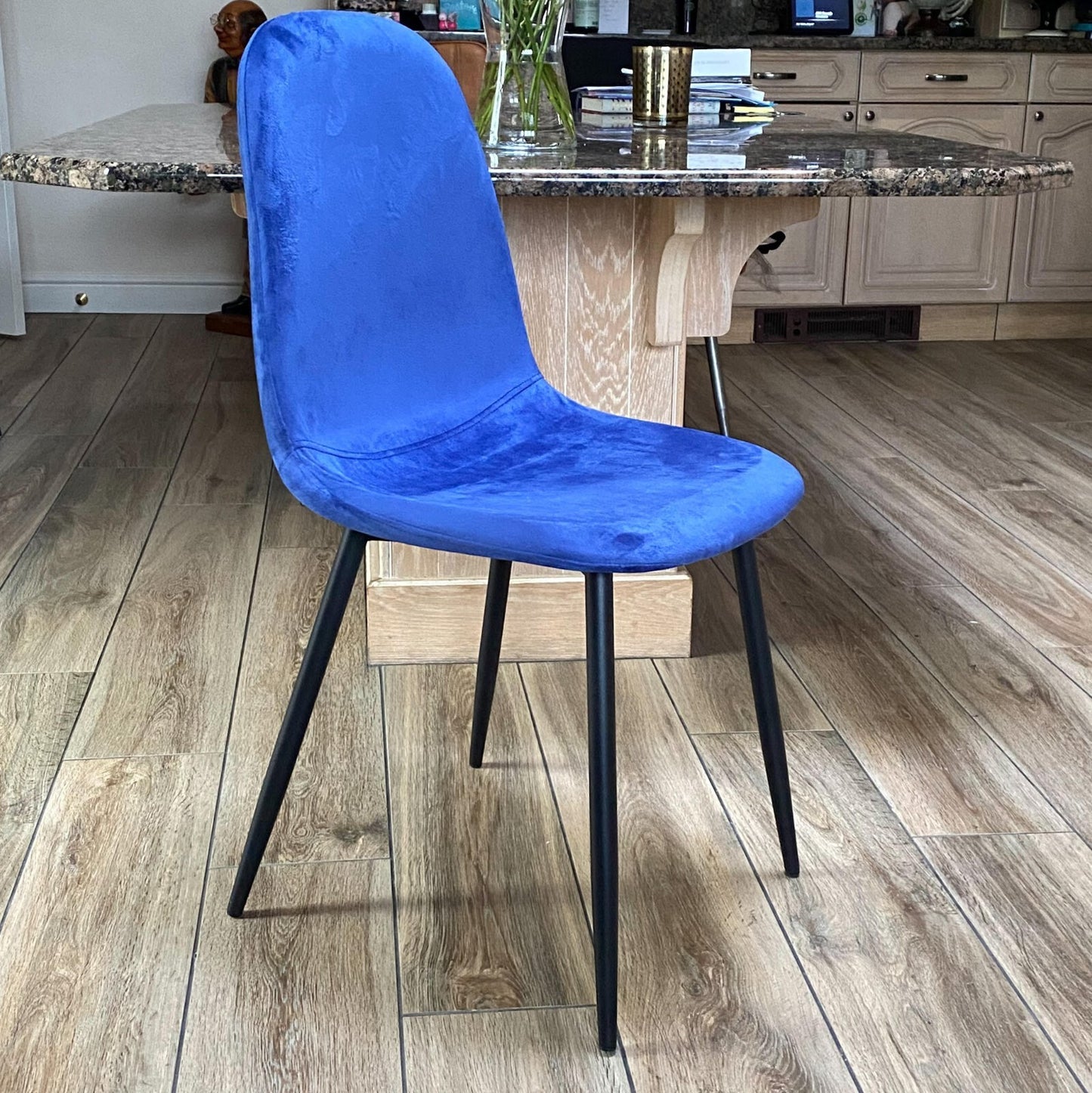 Blue Velvet Dining Chair Blue Padded Metal Legs for Kitchen Chair Home Decor