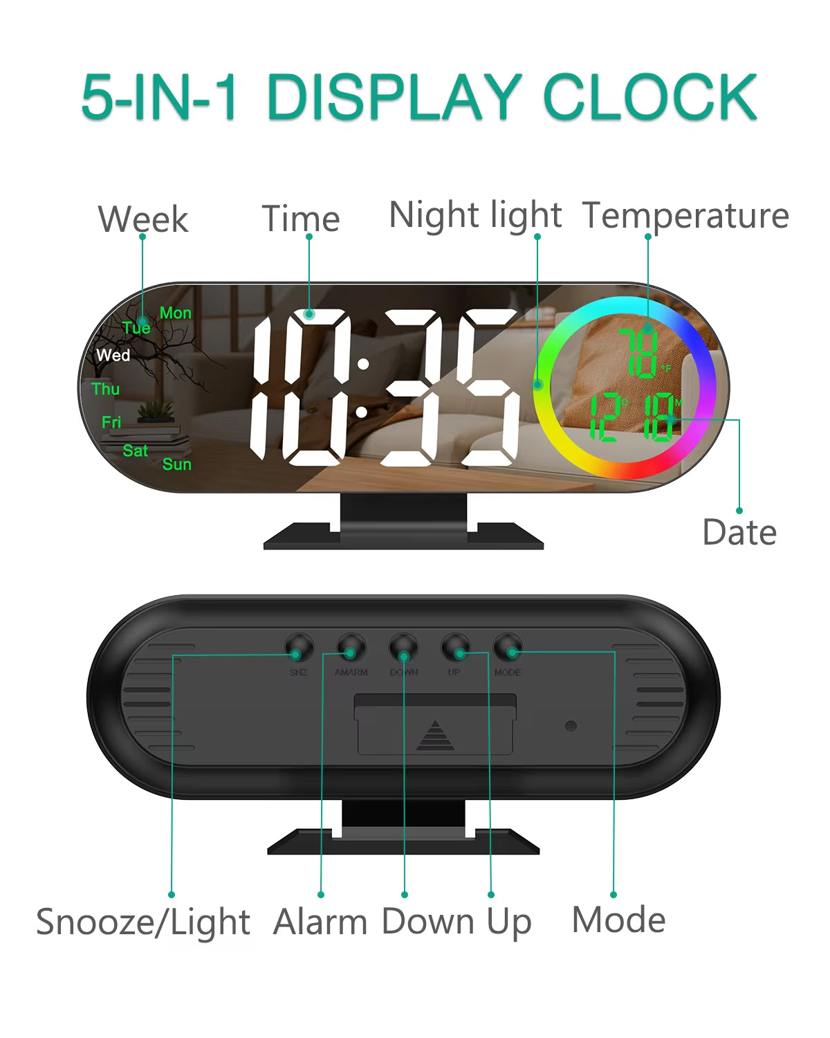 ORIA 8.5'' LED Mirror Clock with RGB Light