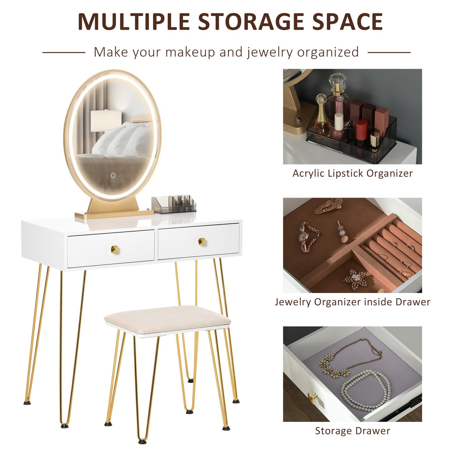 Dressing Table Set with Two Drawers and Cushioned Stool for Makeup Application