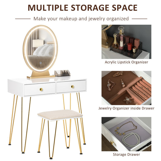 Dressing Table Set with Two Drawers and Cushioned Stool for Makeup Application