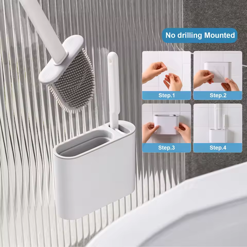 Wall Hanging Silicone Long Handle Toilet Brush with Ceramic Holder