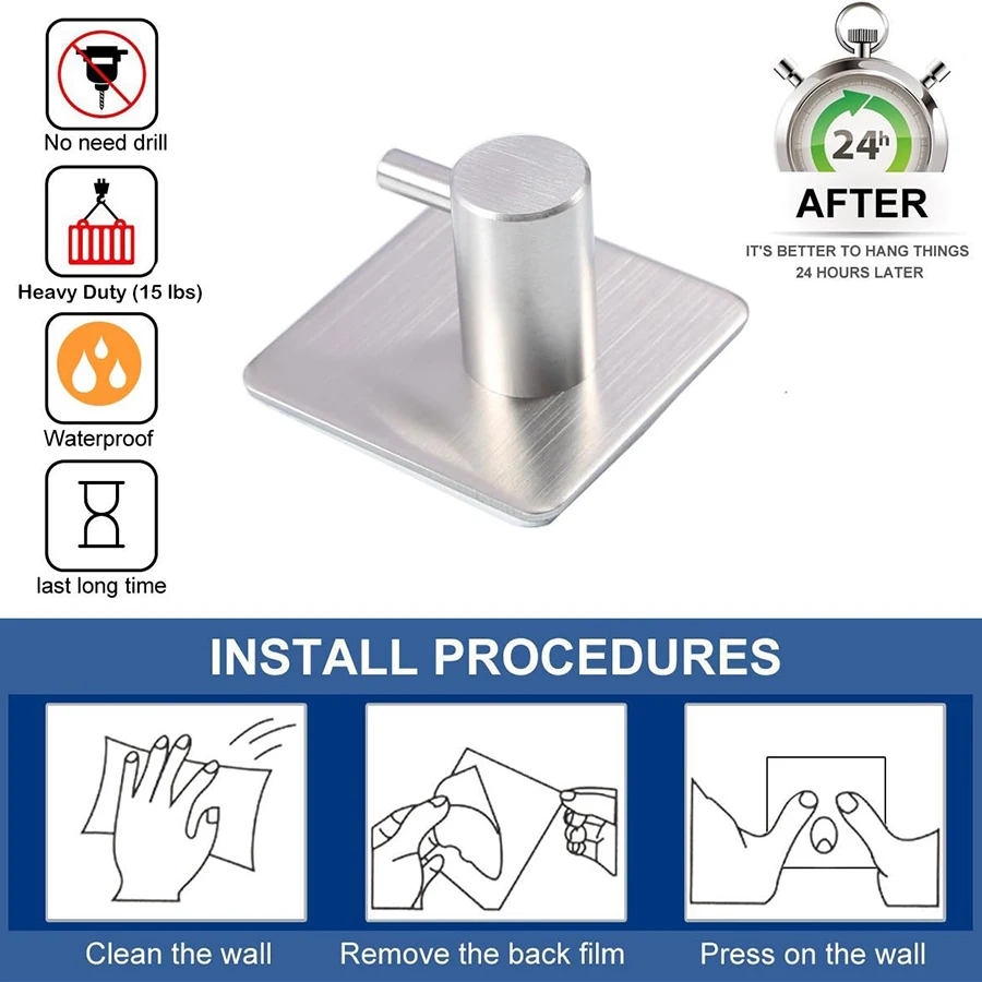 Modern Style Stainless Steel Adhesive Hooks for Bathroom Room Kitchen Clothes