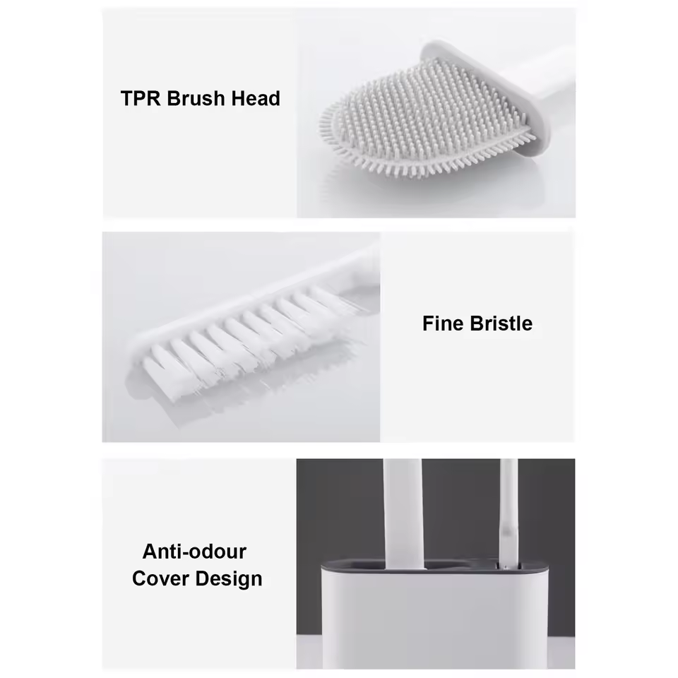 Wall Hanging Silicone Long Handle Toilet Brush with Ceramic Holder