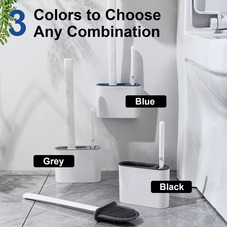 Wall Hanging Silicone Long Handle Toilet Brush with Ceramic Holder