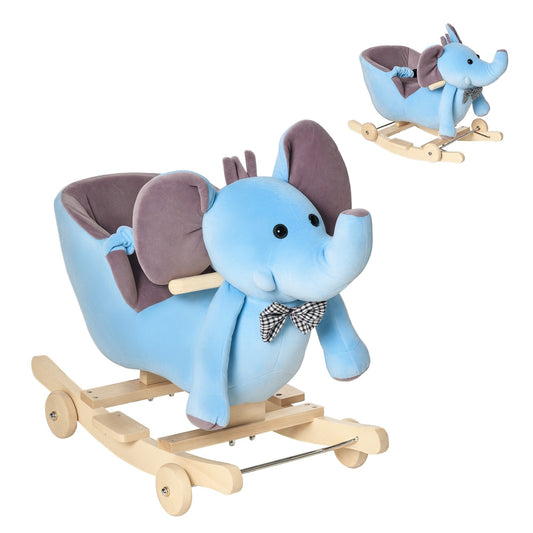HOMCOM 2-In-1 Baby Rocking Horse Ride on Elephant W/ Wheels Music, Blue