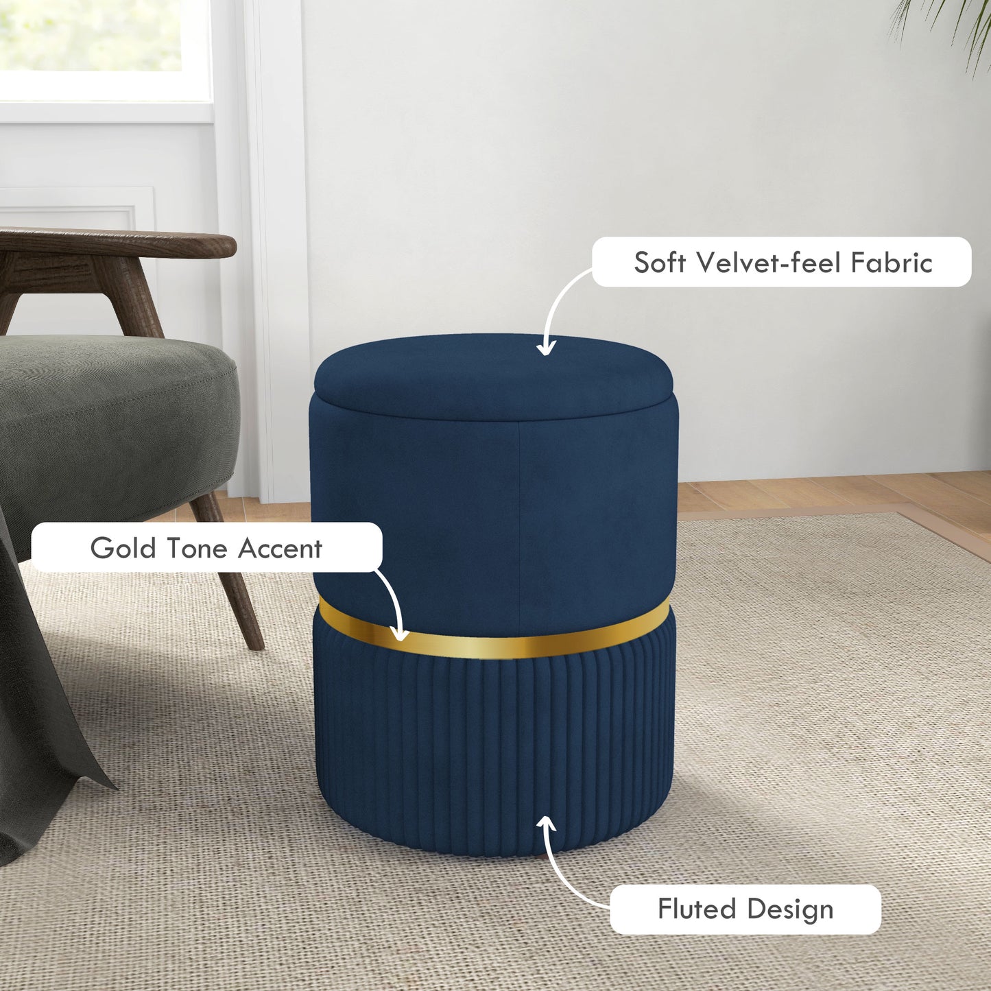 Round Storage Foot Stool, Velvet-Feel Fabric Upholstered Pouffe