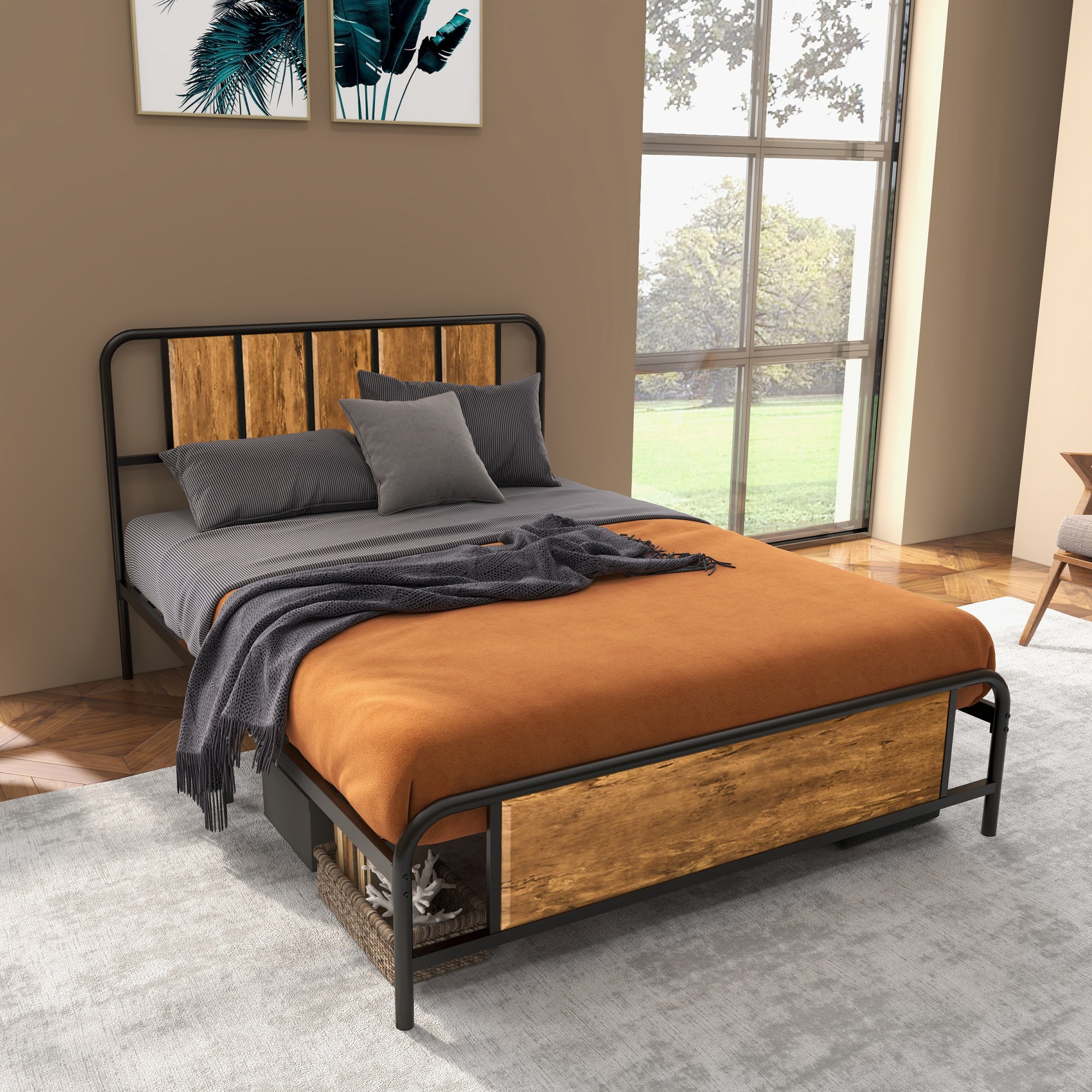 Bed Frame with Footboard and under Bed Storage Rustic Brown