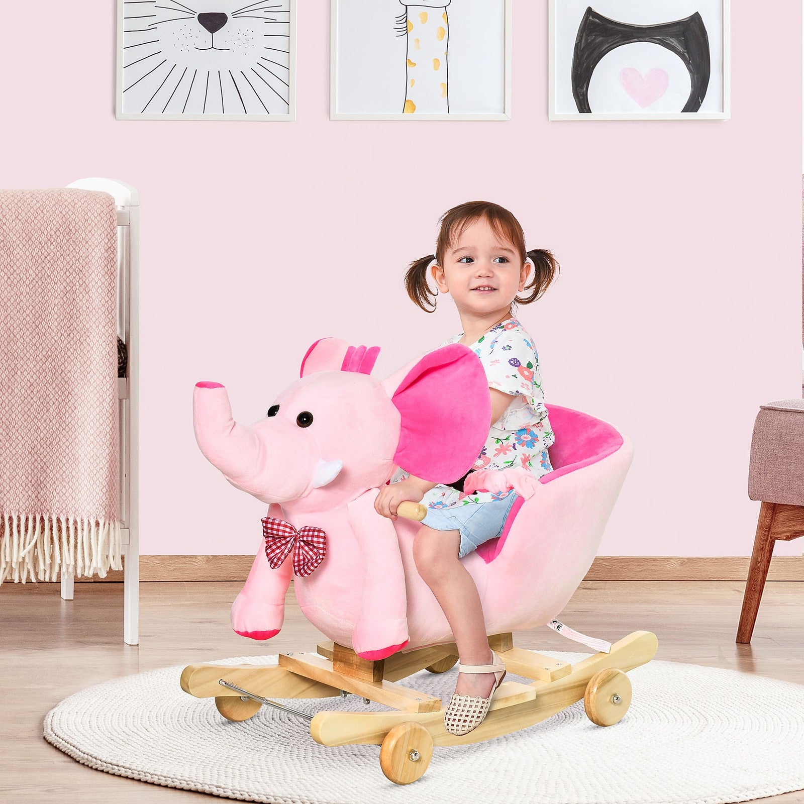 HOMCOM 2-In-1 Baby Rocking Horse Ride on Elephant W/ Wheels Music, Pink
