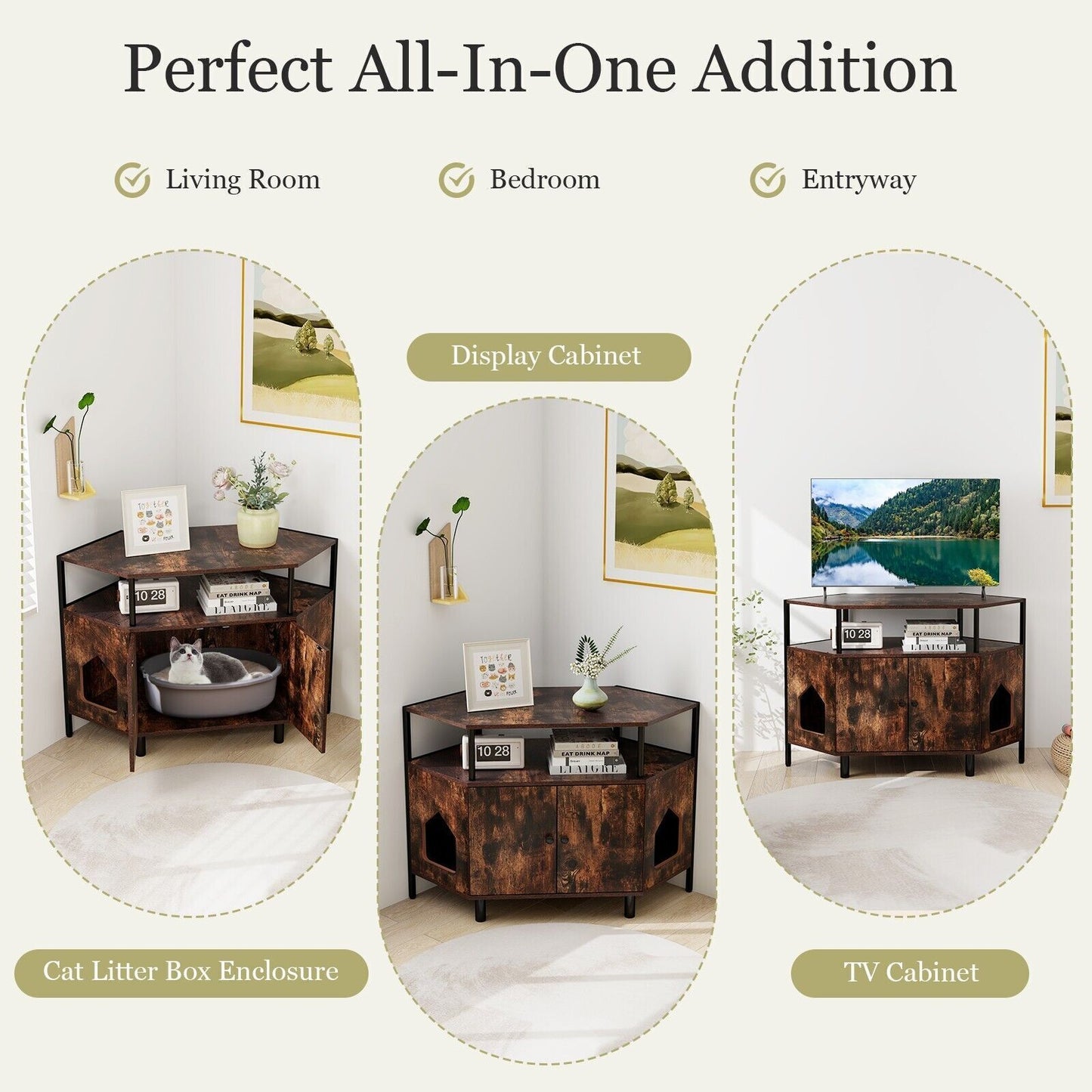 COSTWAY Corner Cat Litter Box Enclosure Cat House Cabinet with Open Shelf