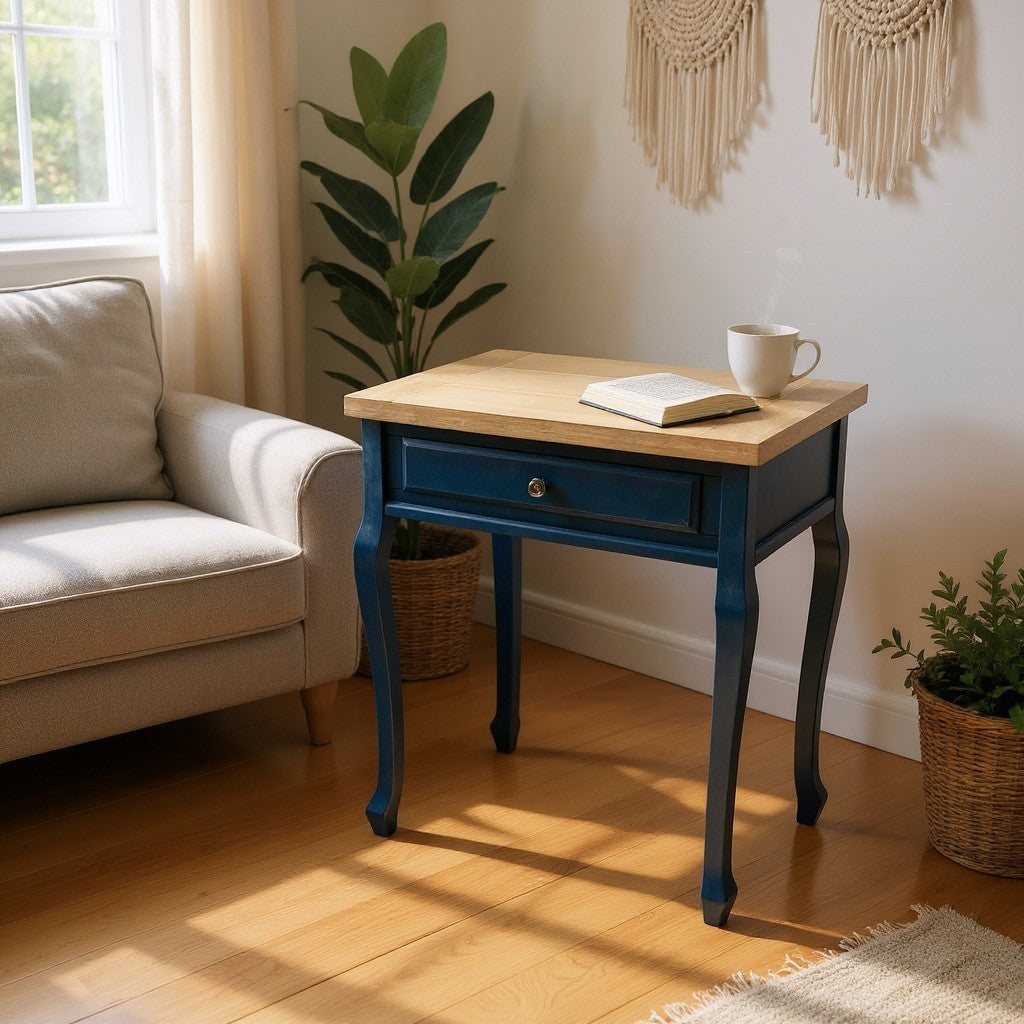 Blue Bedside Table Classic 78CM Solid Wooden Top Furniture 1 Drawer for Bedroom