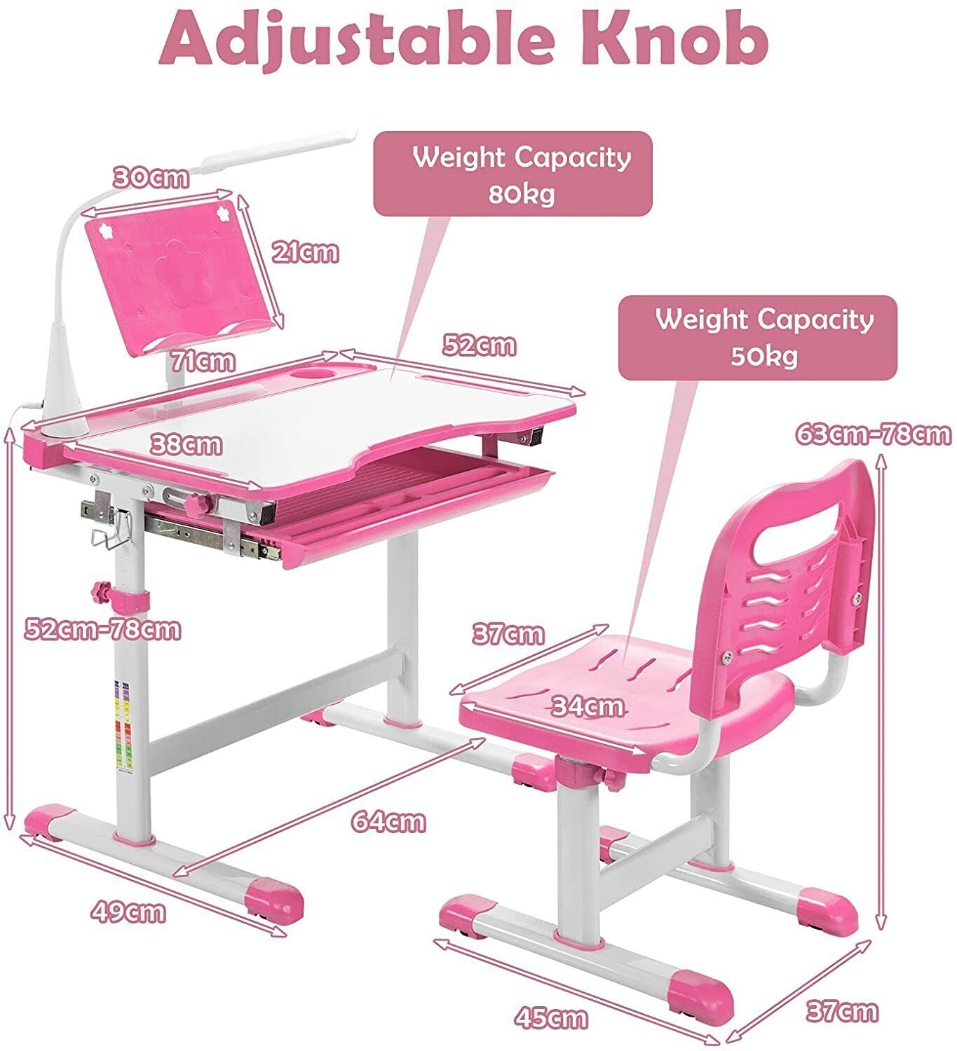 Kids Desk and Chair Set Adjustable Student Study Table W/Drawable Tabletop &Lamp