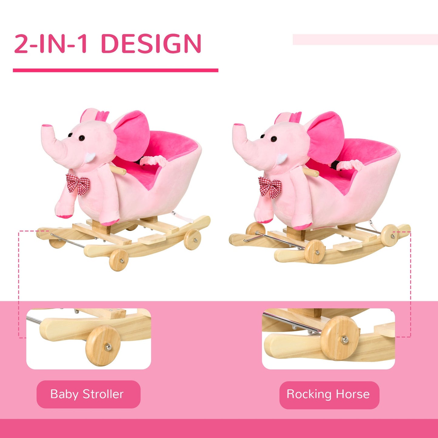 HOMCOM 2-In-1 Baby Rocking Horse Ride on Elephant W/ Wheels Music, Pink
