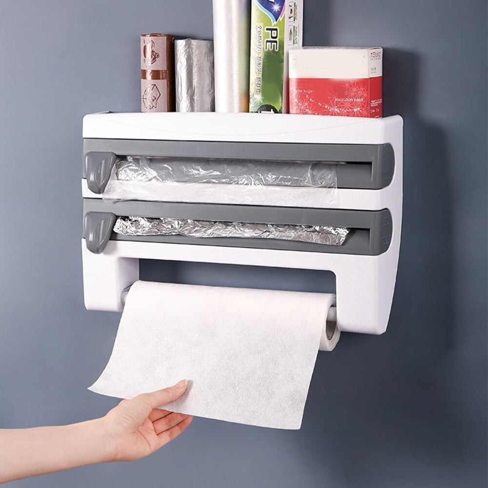 Wall-Mounted ABS Kitchen Roll Cling Film & Foil Dispenser with Cutter Grey