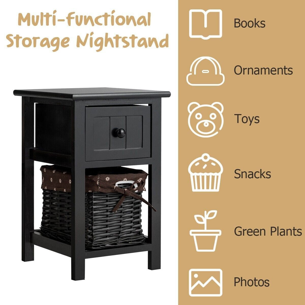 Set of 2 Nightstands with Removable Baskets and Drawers