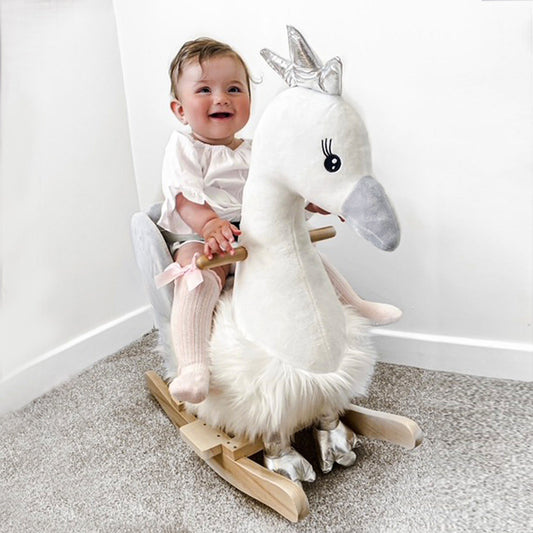Cute Kids Ride-On Rocking Swan W/ Sound Handlebars Seat Belt Plush Body