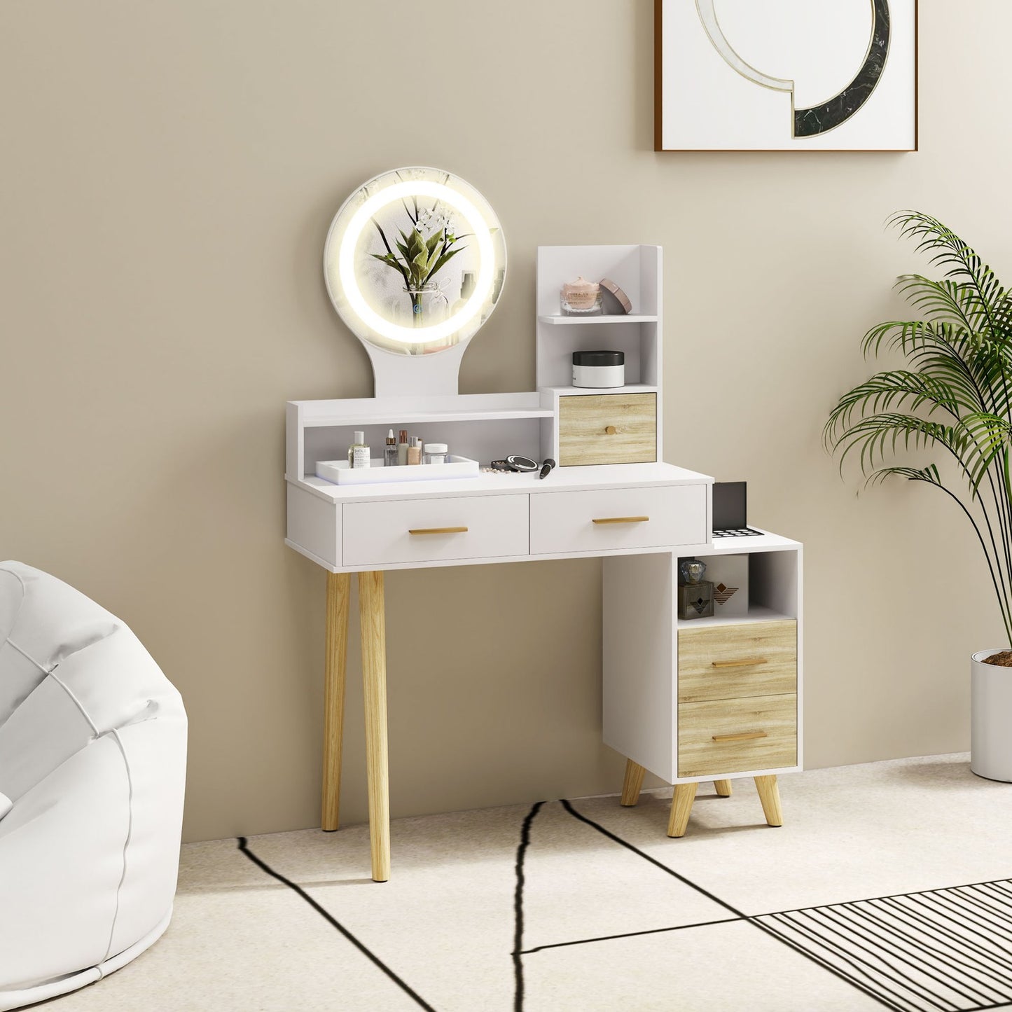 Modern White Vanity Table with Mirror and LED Lighting