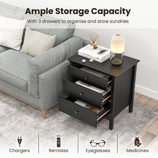 Costway 3-Drawer Nightstand Bedroom Wooden Bed Side Table Modern End Table
