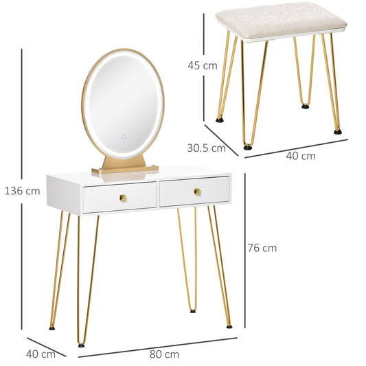 Dressing Table Set with Two Drawers and Cushioned Stool for Makeup Application