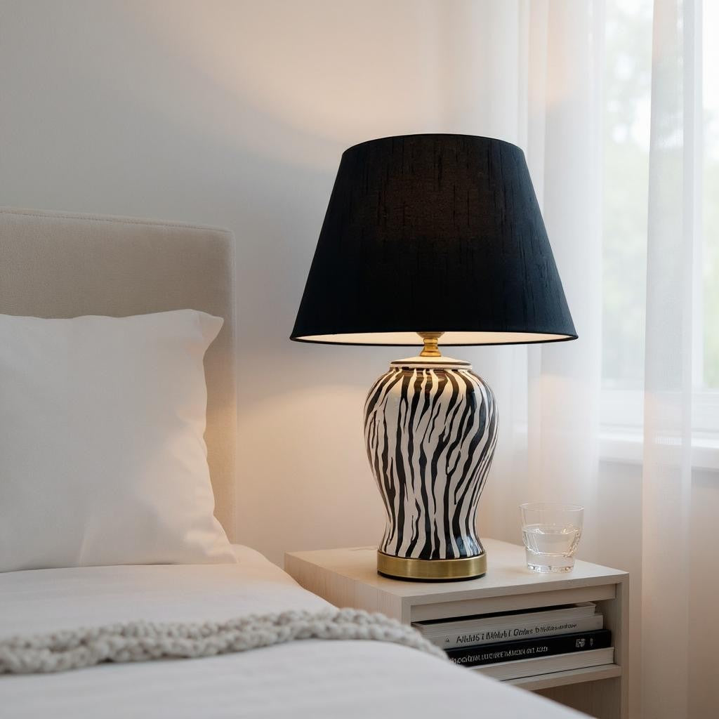 Modern Zebra Ceramic Table Lamp with Drum Black Shade 64Cm Large Bedroom Hallway