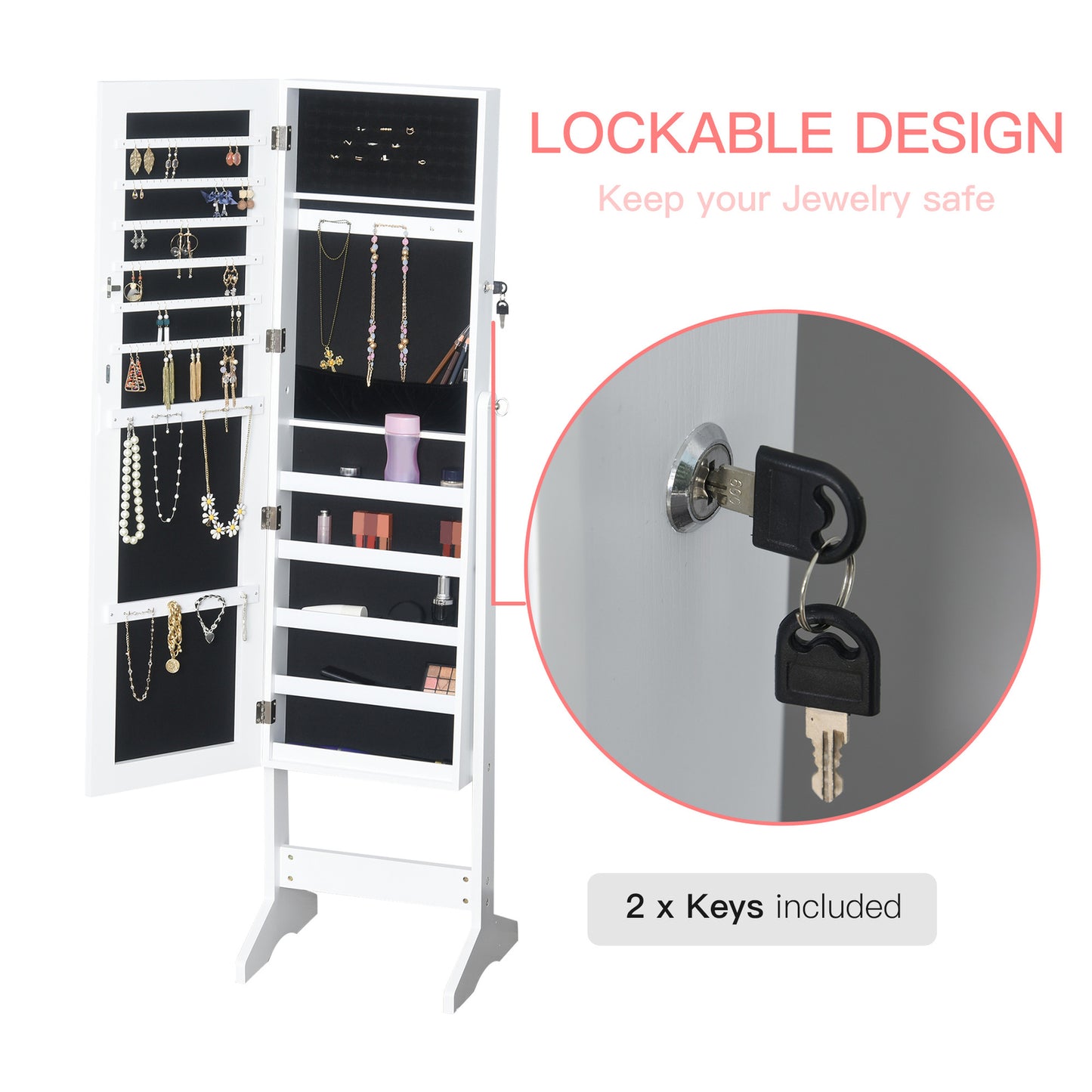 Lockable Jewellery Storage Cabinet Mirror Armoire Freestanding Adjustable White