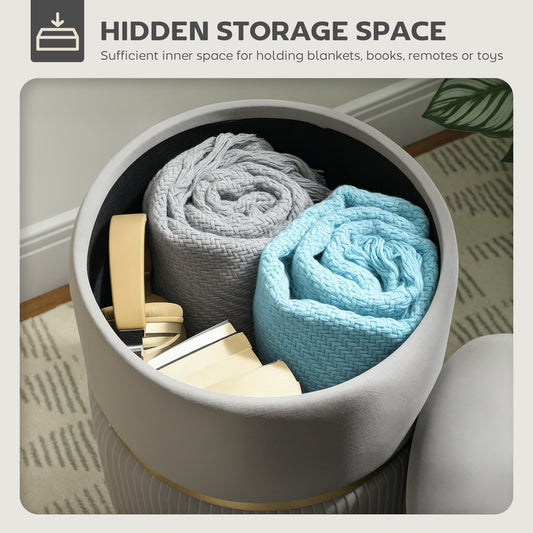 Round Storage Foot Stool, Velvet-Feel Fabric Upholstered Pouffe
