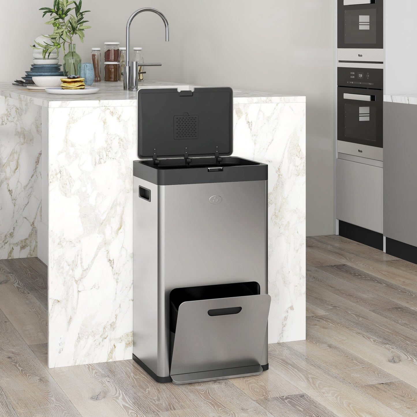 3 Compartment Kitchen Bin, Stainless Steel Pedal Bin for Recycling and Waste