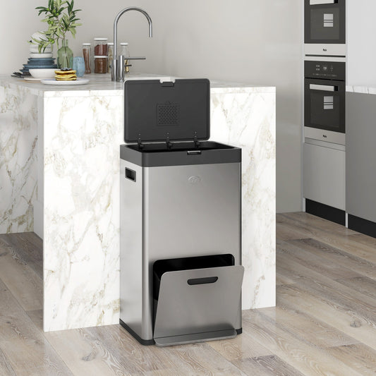 3 Compartment Kitchen Bin, Stainless Steel Pedal Bin for Recycling and Waste