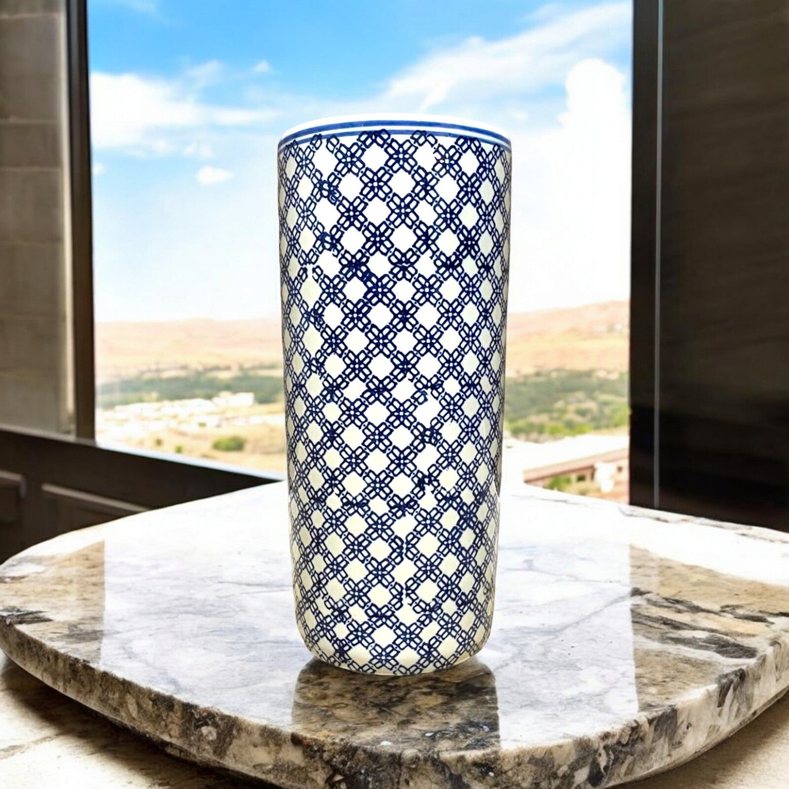 Classic Ceramic Blue & White Umbrella Design round Stand for Office, Home Decor