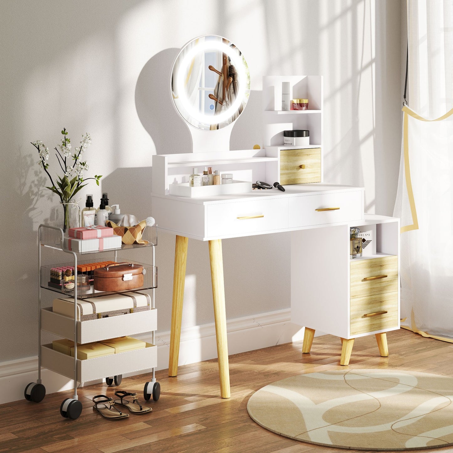Modern White Vanity Table with Mirror and LED Lighting