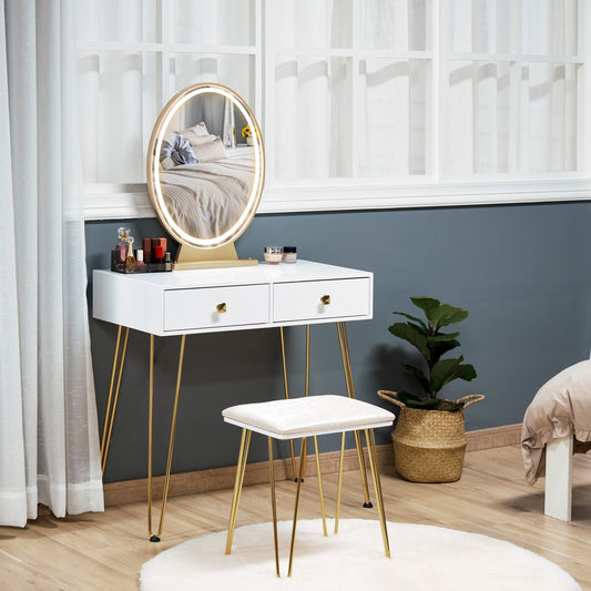 Dressing Table Set with Two Drawers and Cushioned Stool for Makeup Application