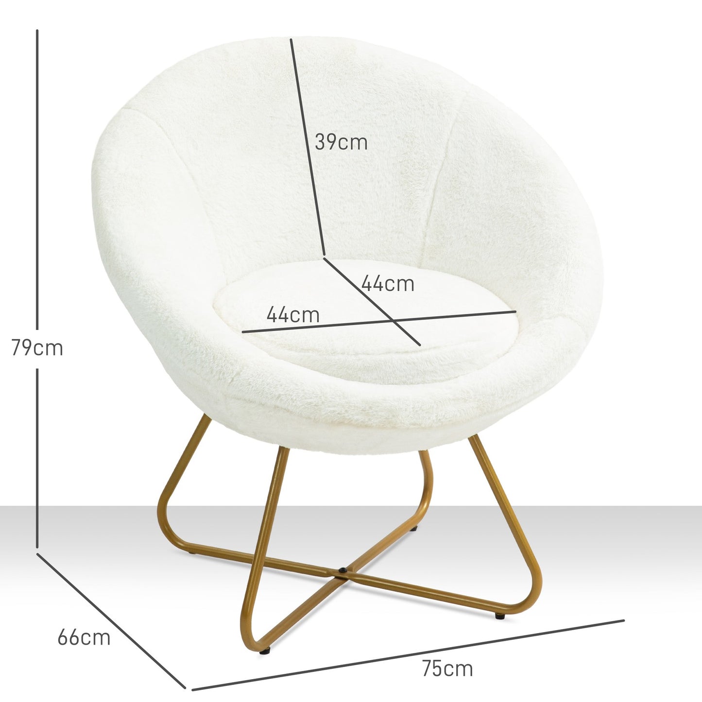 Faux Fur Accent Chair with Golden Metal Legs, Non-Slip Footpads, White