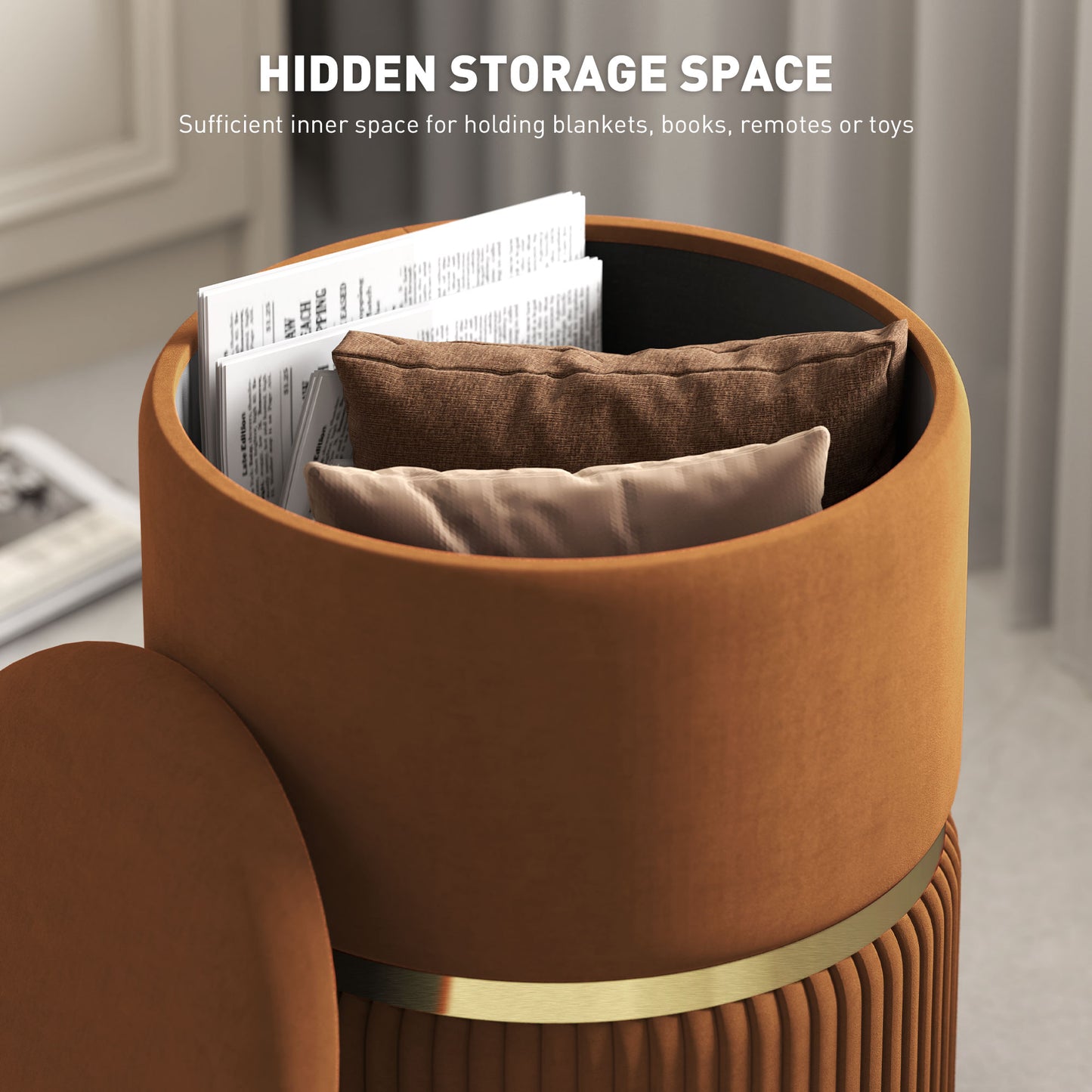 Round Storage Foot Stool, Velvet-Feel Fabric Upholstered Pouffe