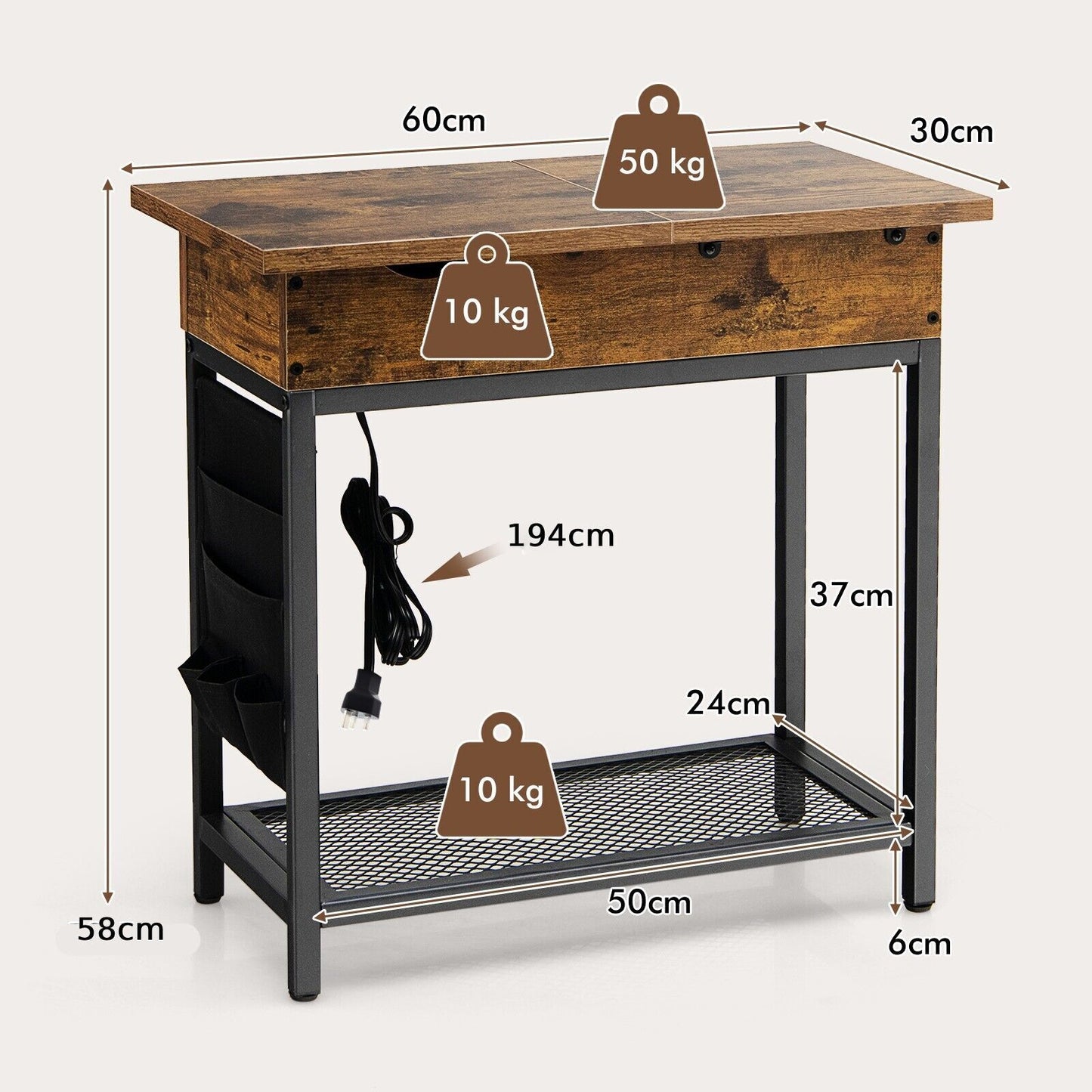 2-Tier Side Table End Table W/Usb Ports & Flip Top Narrow Nightstand for Bedroom
