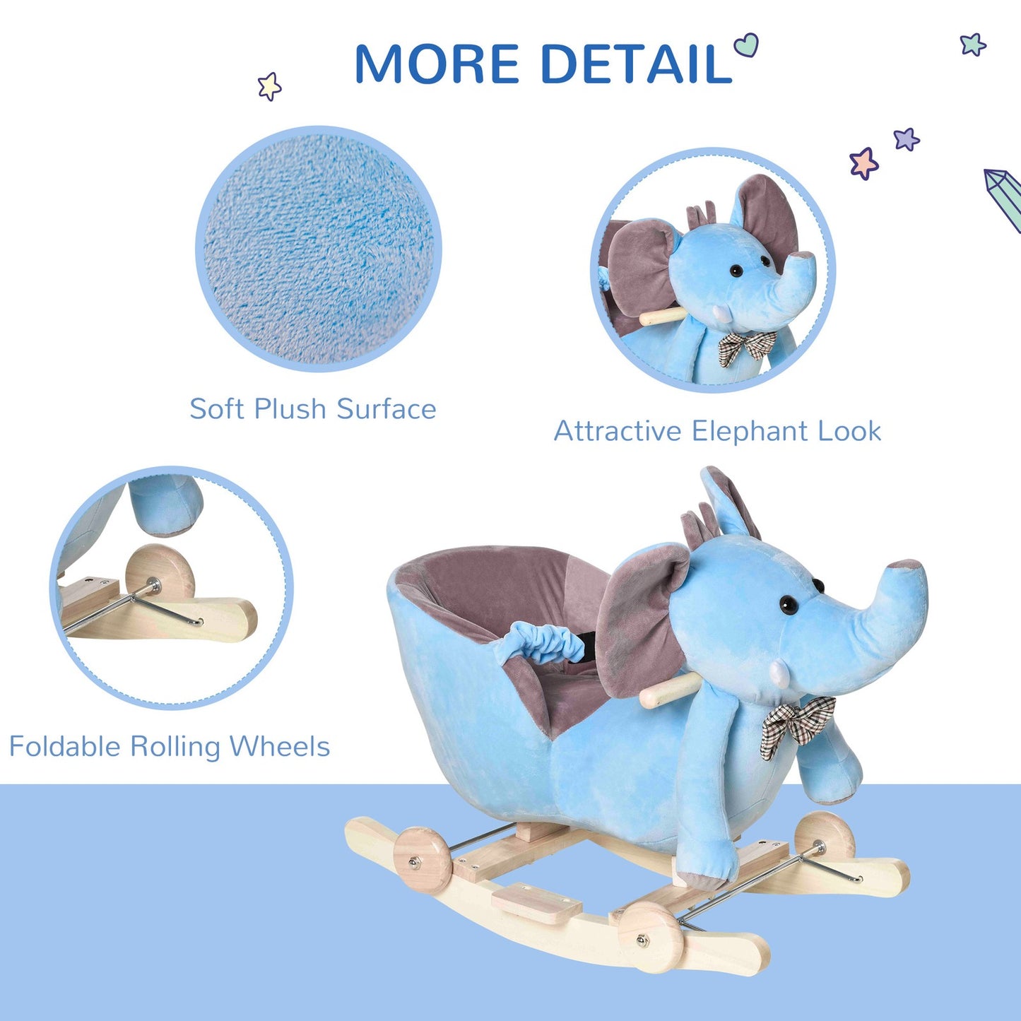 HOMCOM 2-In-1 Baby Rocking Horse Ride on Elephant W/ Wheels Music, Blue